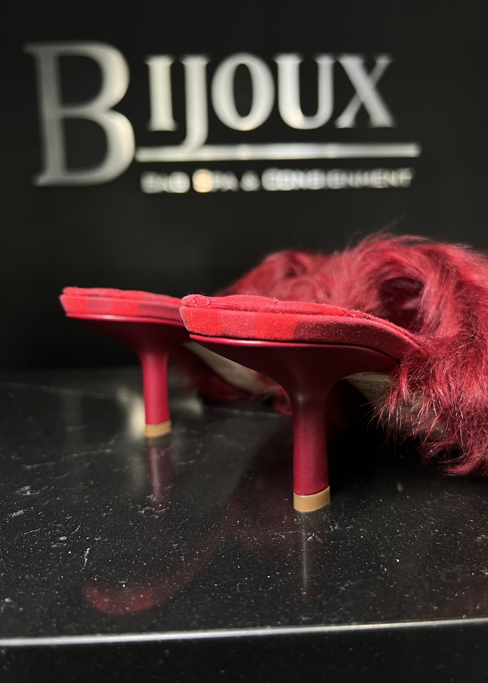 Burberry SOLD- Burberry Faux Fur Trim Mules - 37.5