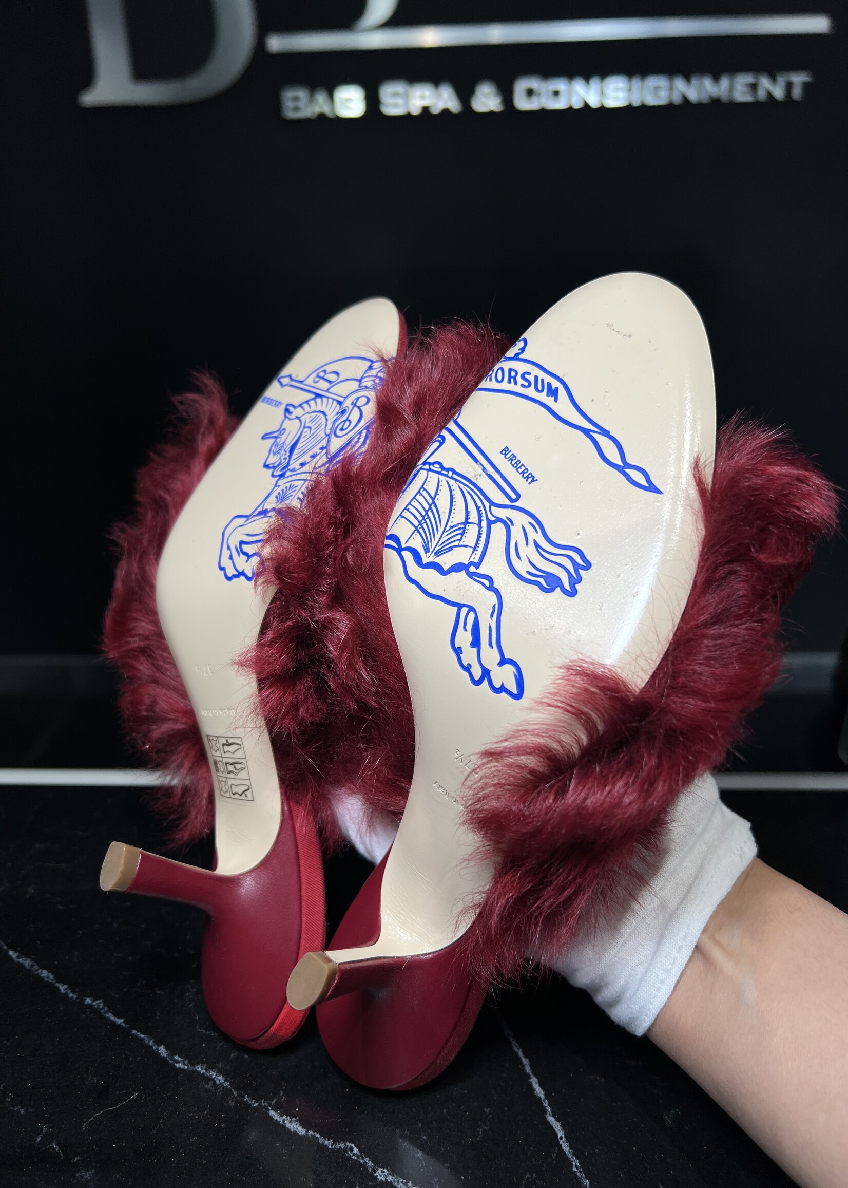 Burberry SOLD- Burberry Faux Fur Trim Mules - 37.5
