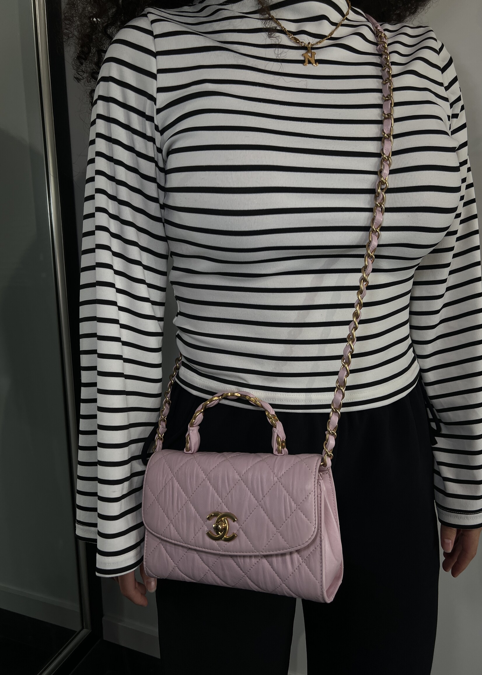 Chanel Chanel Crumpled Lambskin Quilted Lambskin Mini CC Light Pink Top Handle