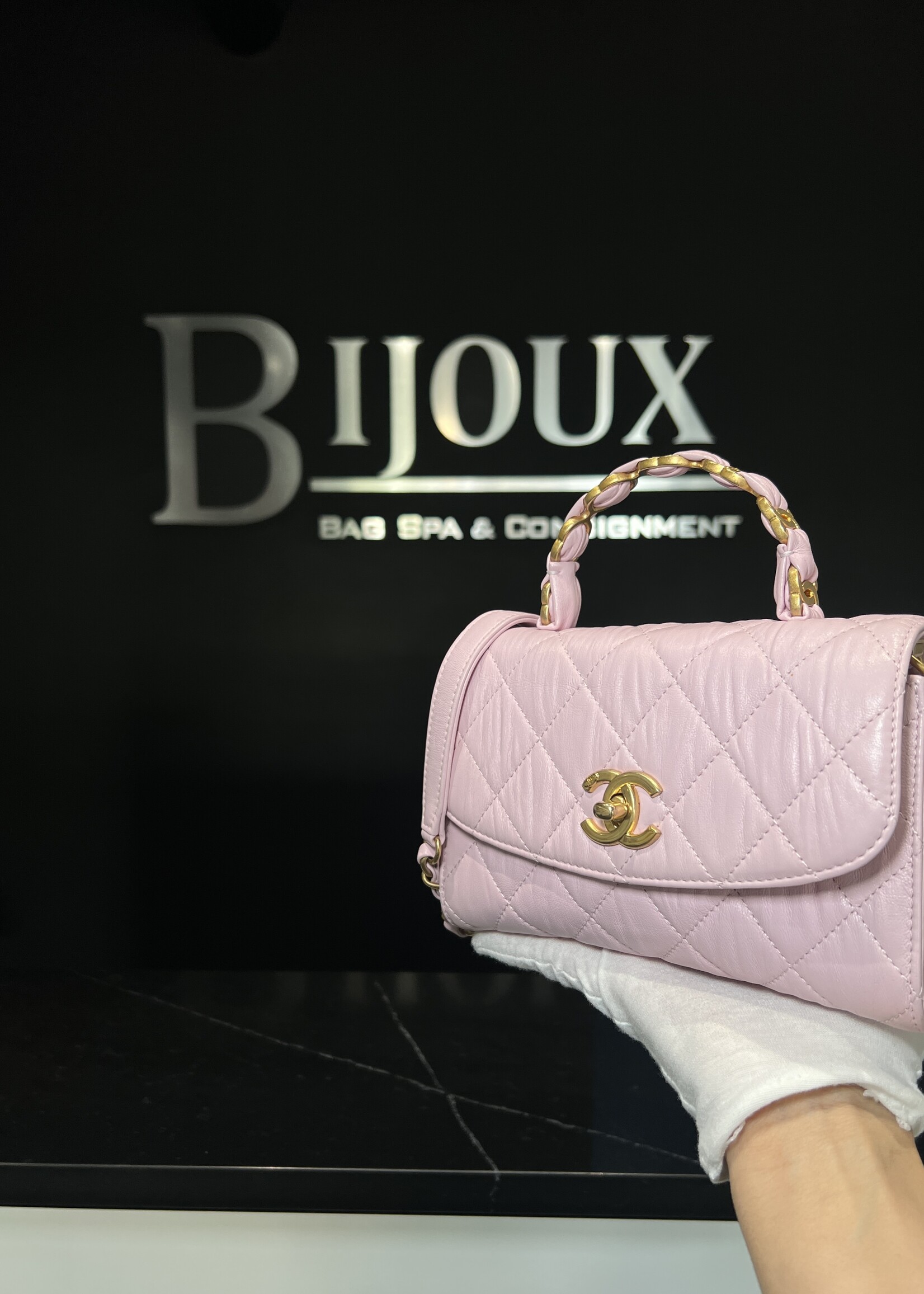 Chanel Chanel Crumpled Lambskin Quilted Lambskin Mini CC Light Pink Top Handle