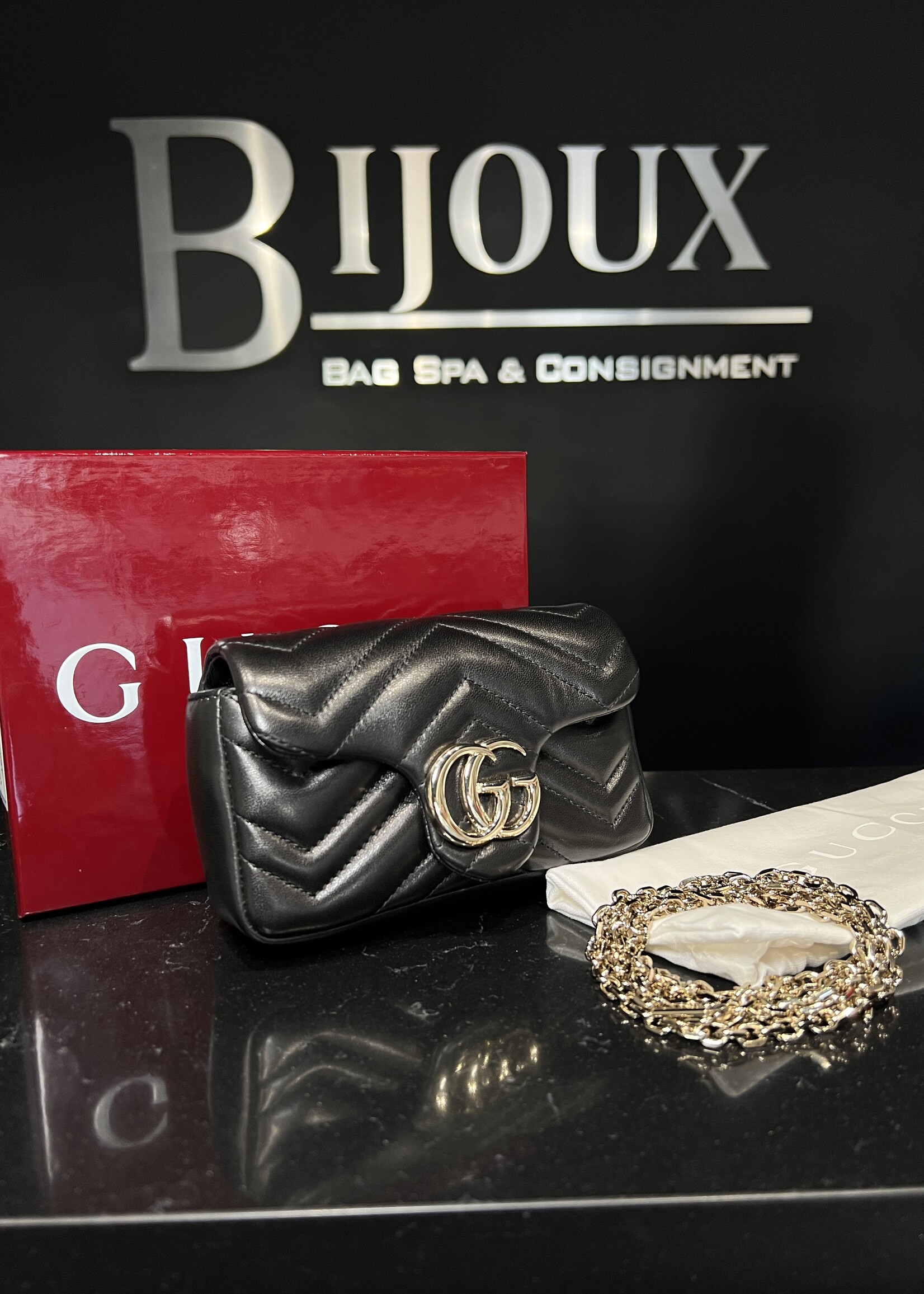 Gucci Gucci Black Matelasse Chevron Leather Mini Marmont Shoulder
