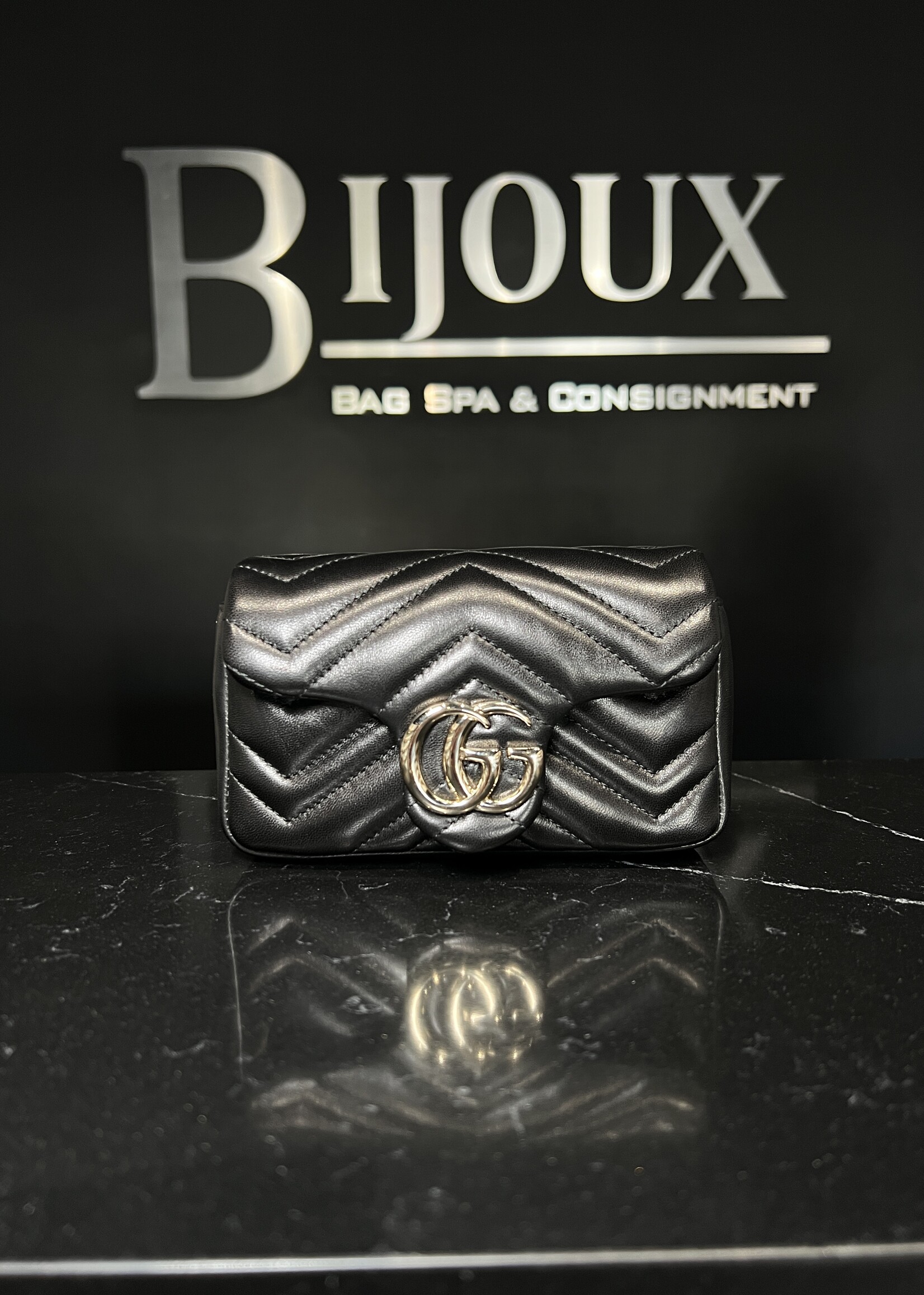 Gucci Gucci Black Matelasse Chevron Leather Mini Marmont Shoulder