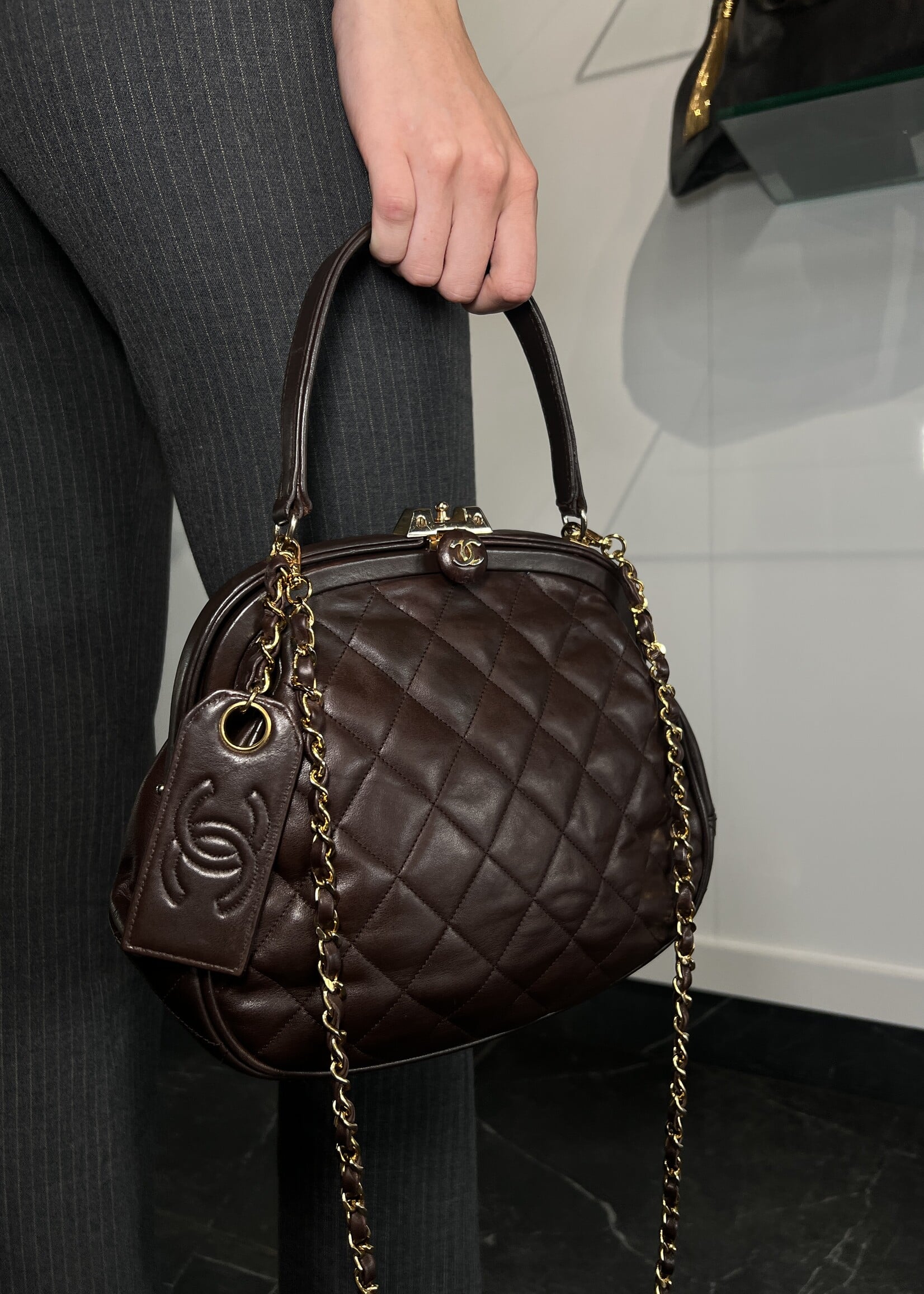 Chanel SOLD- Chanel Dark Brown Quilted Kisslock Frame Bag