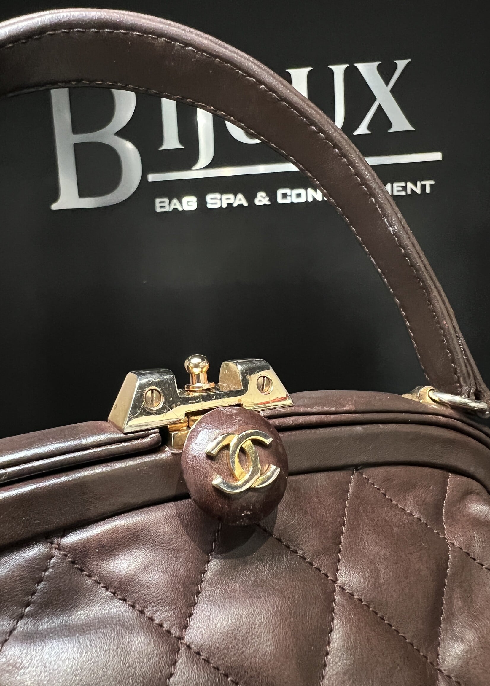 Chanel SOLD- Chanel Dark Brown Quilted Kisslock Frame Bag