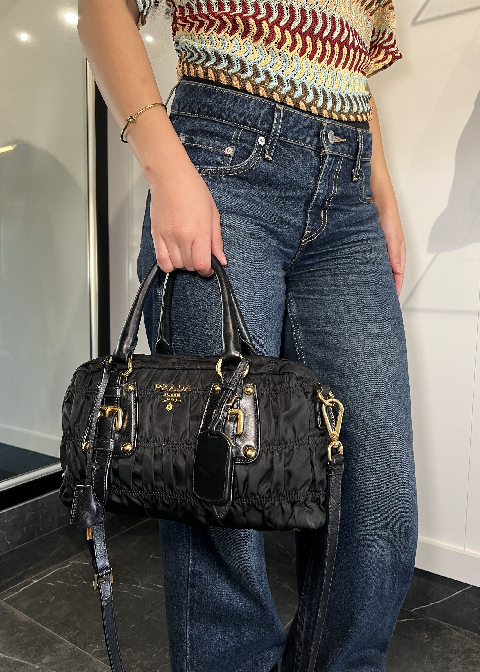 Prada Prada Tessuto Gaufre Nylon Ruched Crossbody