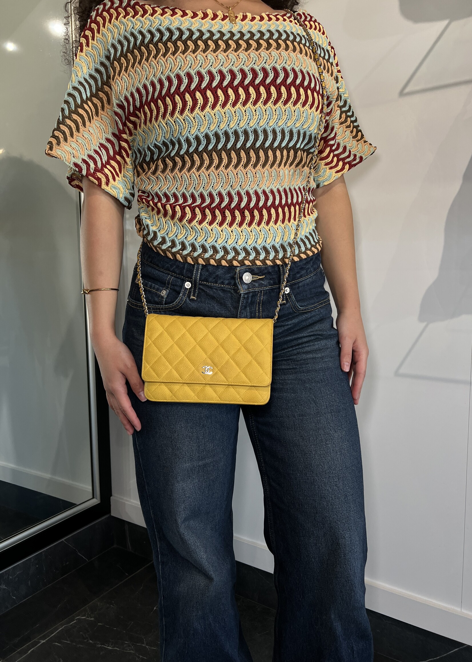 Chanel Chanel Yellow Quilted Suede Caviar Wallet On Chain