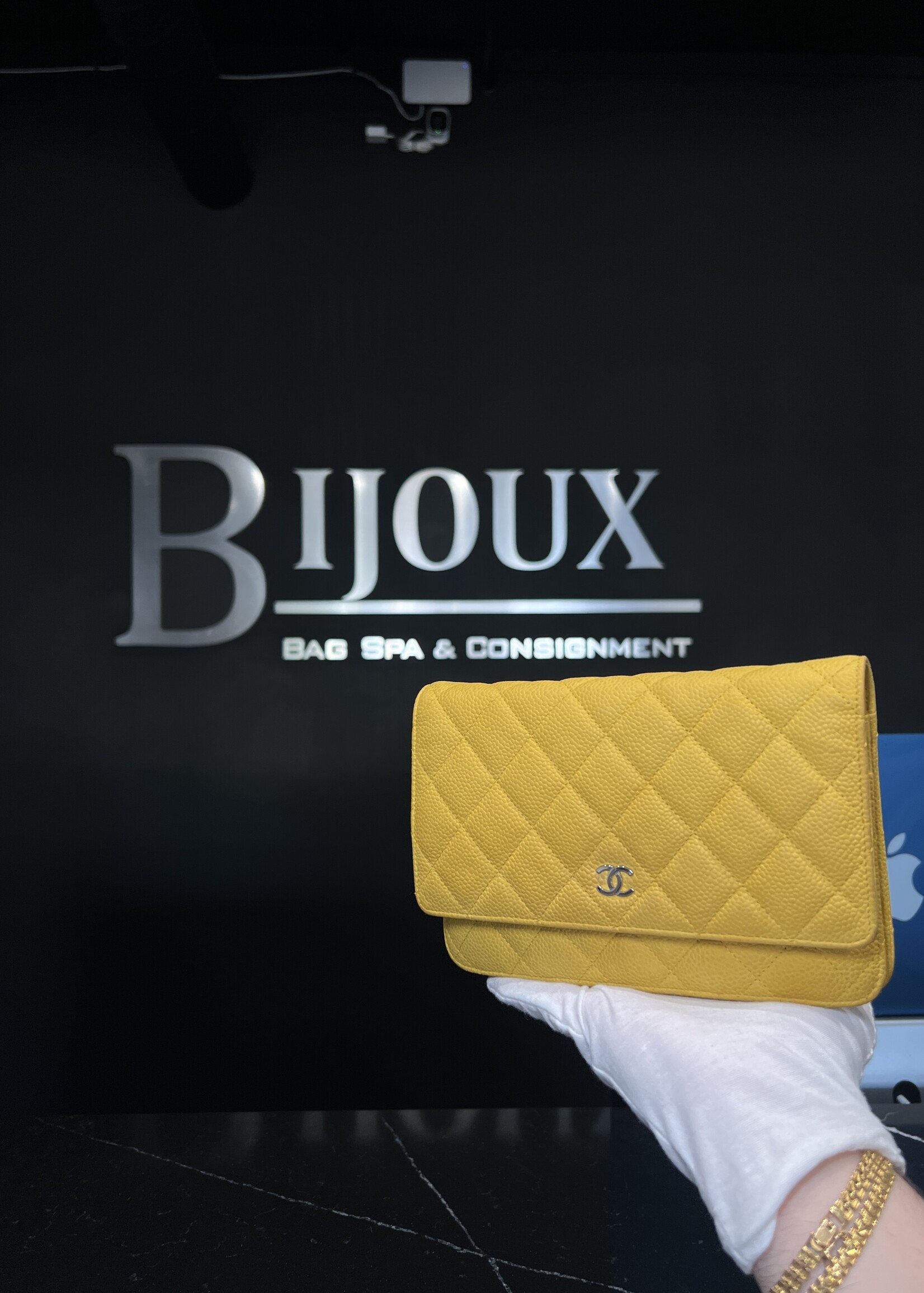 Chanel Chanel Yellow Quilted Suede Caviar Wallet On Chain