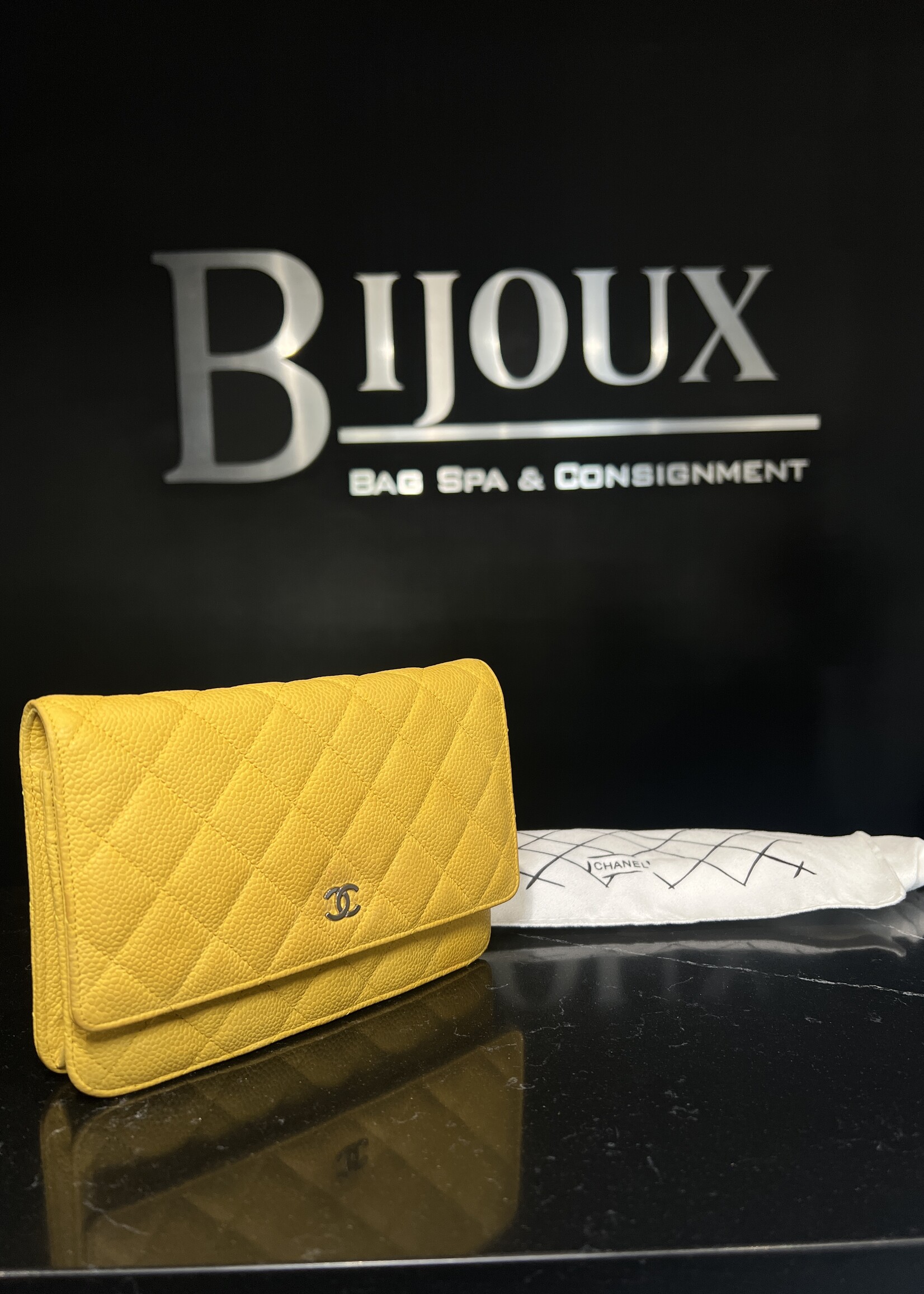 Chanel Chanel Yellow Quilted Suede Caviar Wallet On Chain