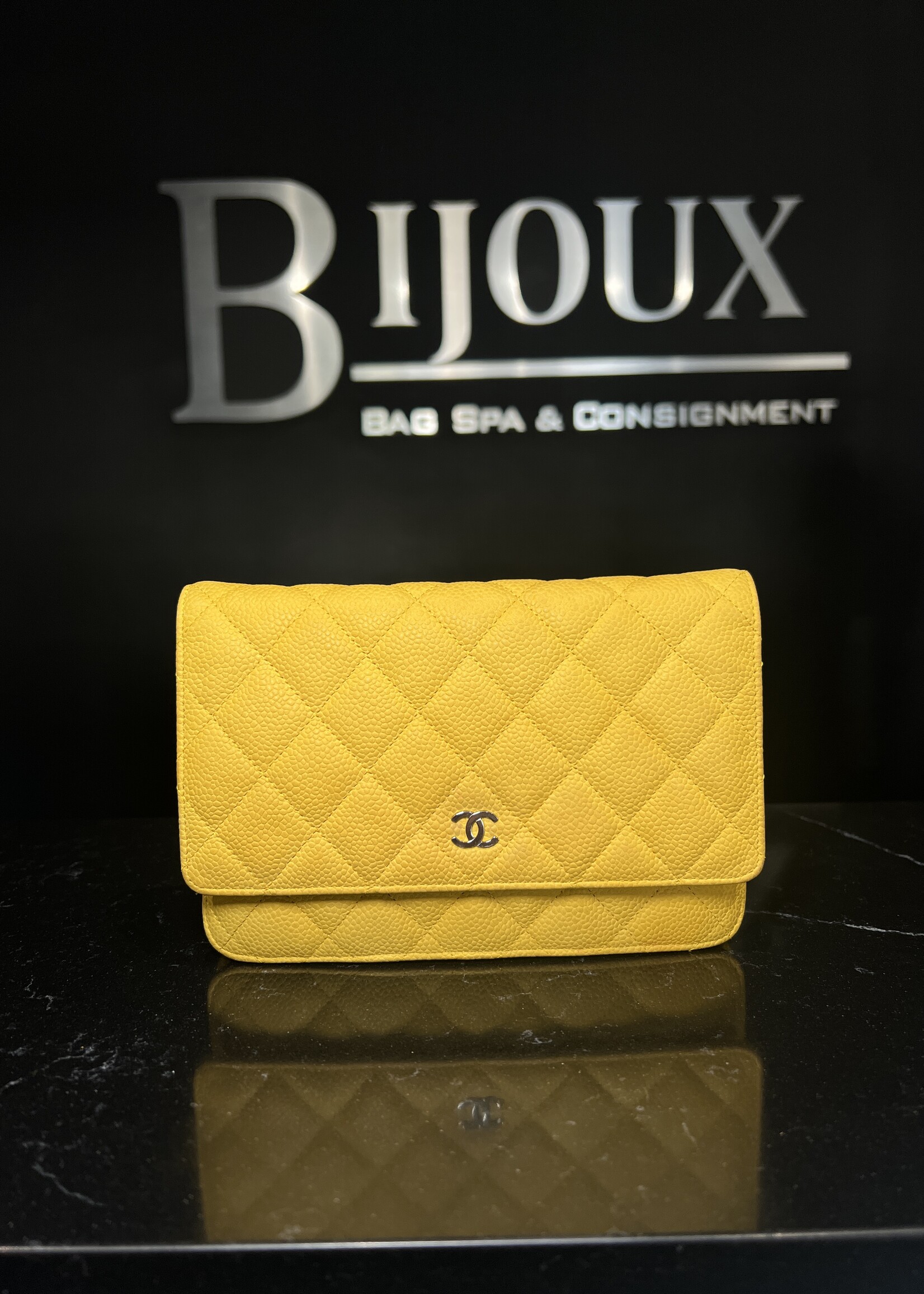 Chanel Chanel Yellow Quilted Suede Caviar Wallet On Chain