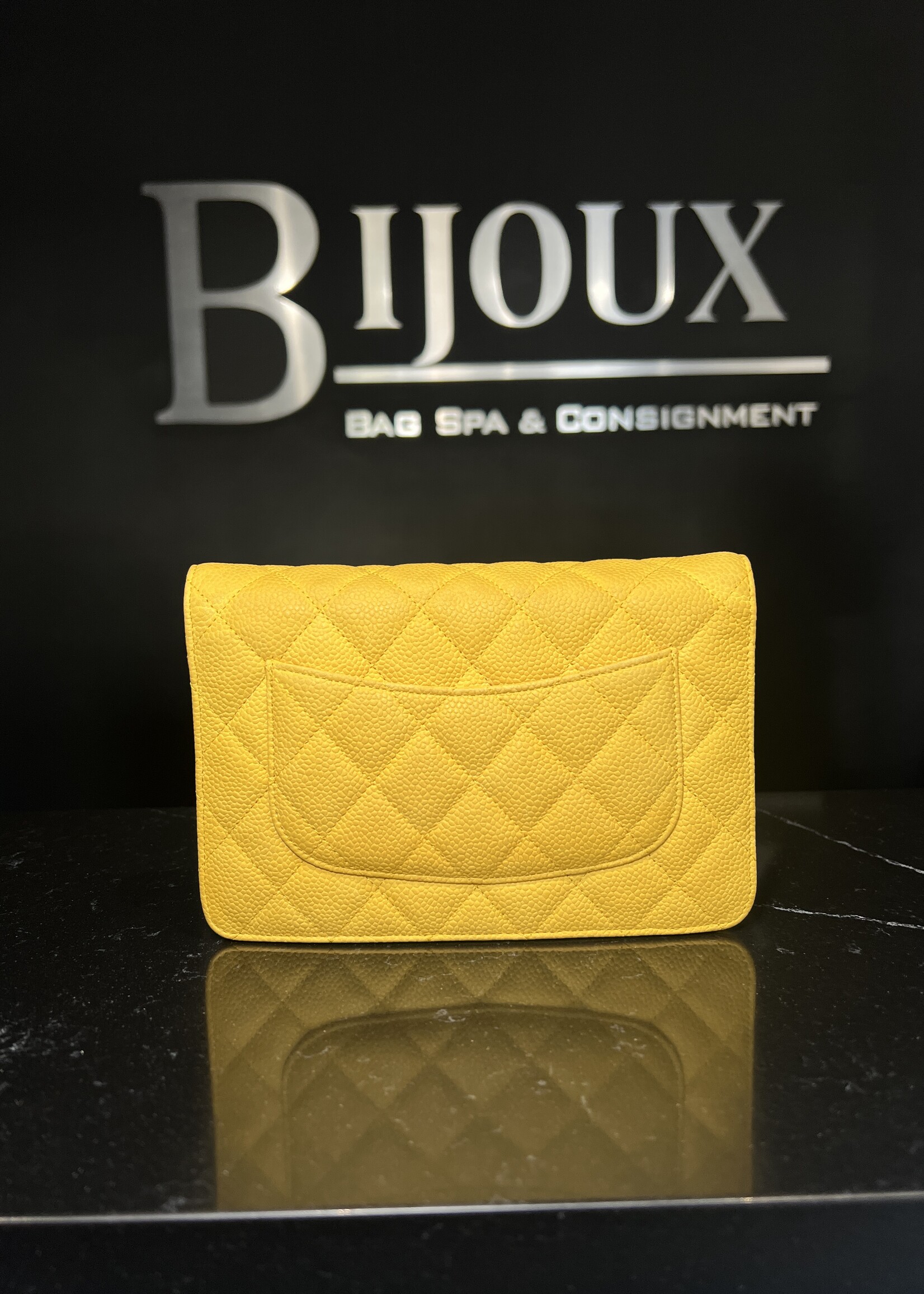 Chanel Chanel Yellow Quilted Suede Caviar Wallet On Chain
