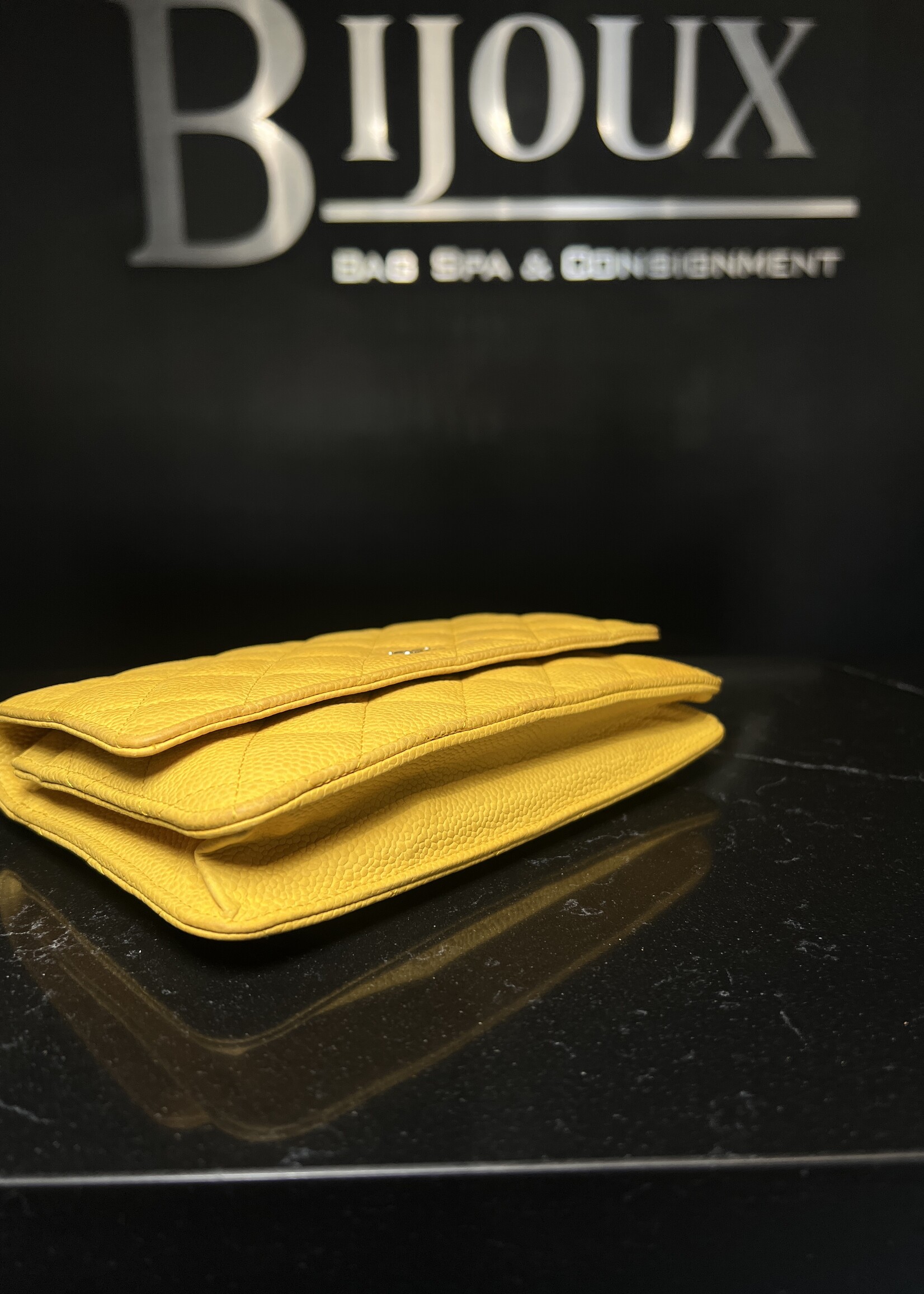 Chanel Chanel Yellow Quilted Suede Caviar Wallet On Chain
