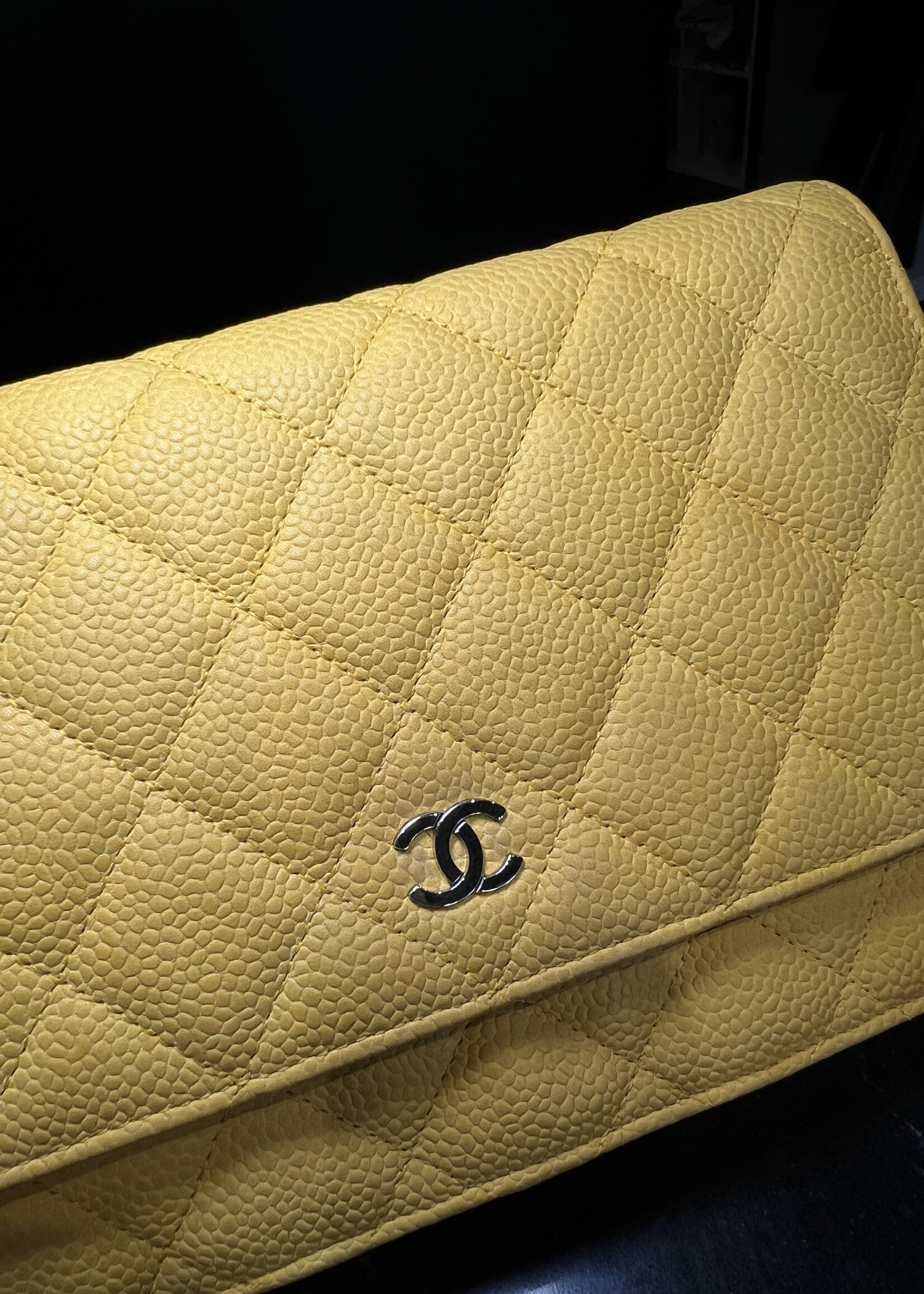 Chanel Chanel Yellow Quilted Suede Caviar Wallet On Chain