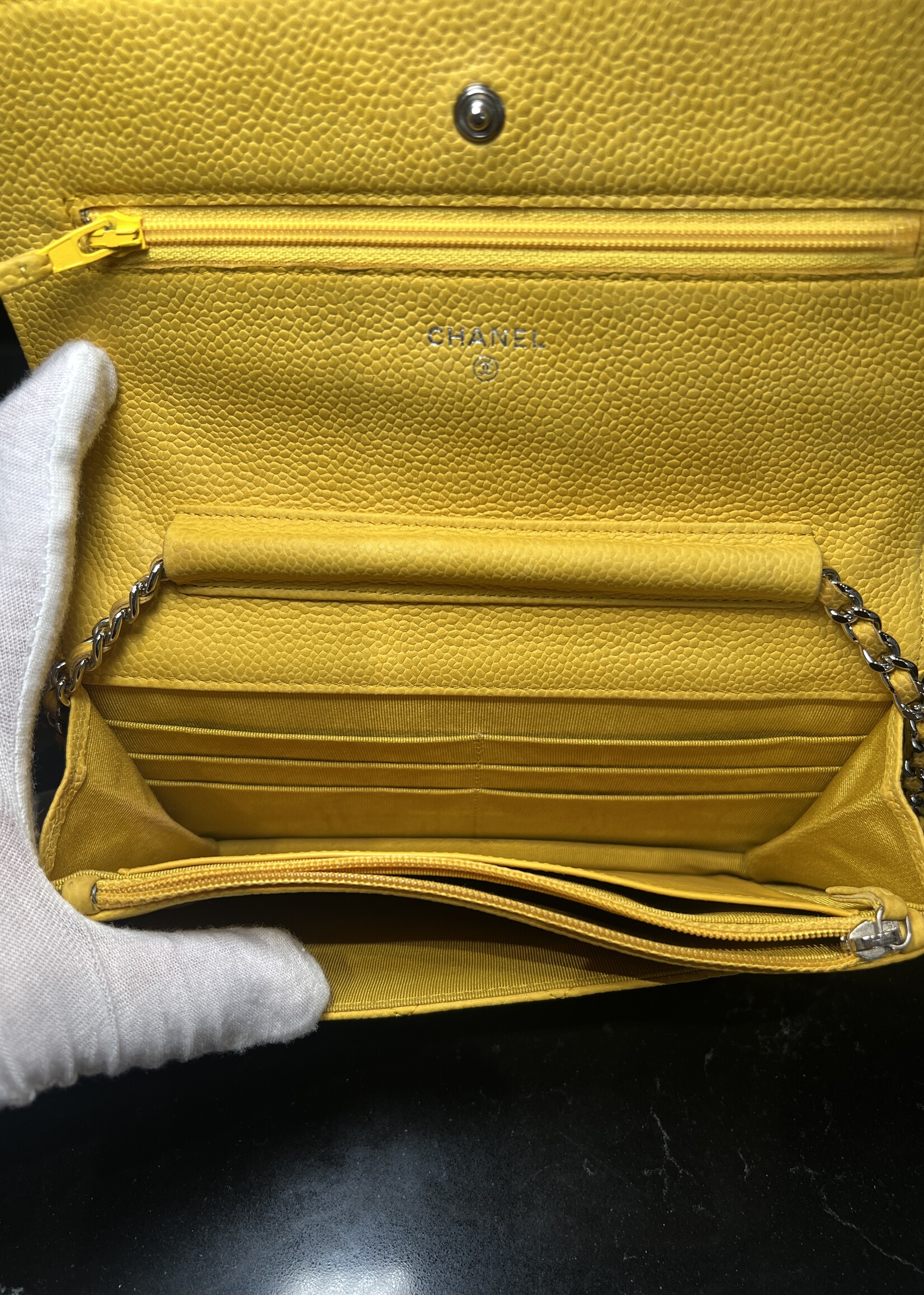 Chanel Chanel Yellow Quilted Suede Caviar Wallet On Chain