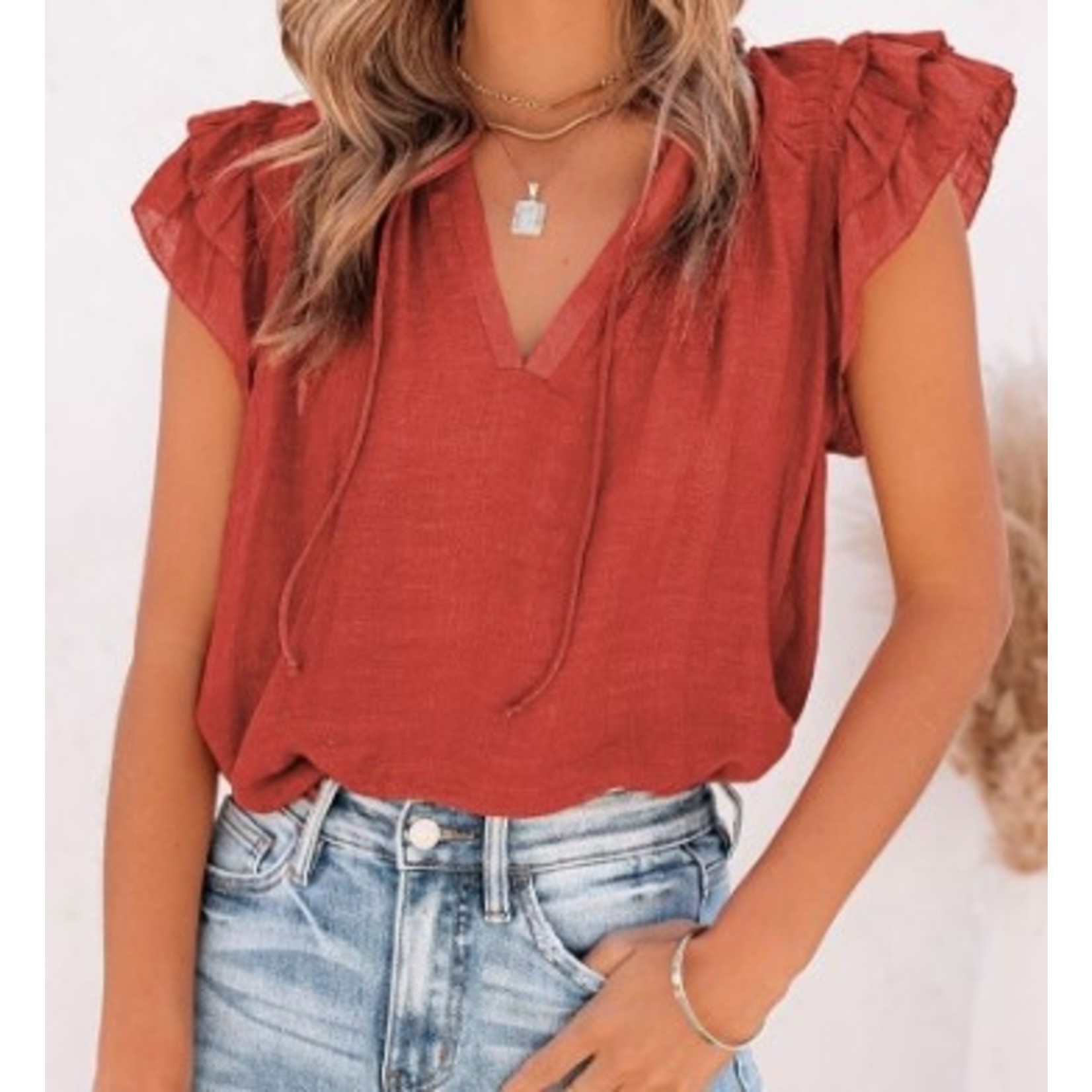 Red Ruffle Sleeve Top S  LC25112789-3  D9005
