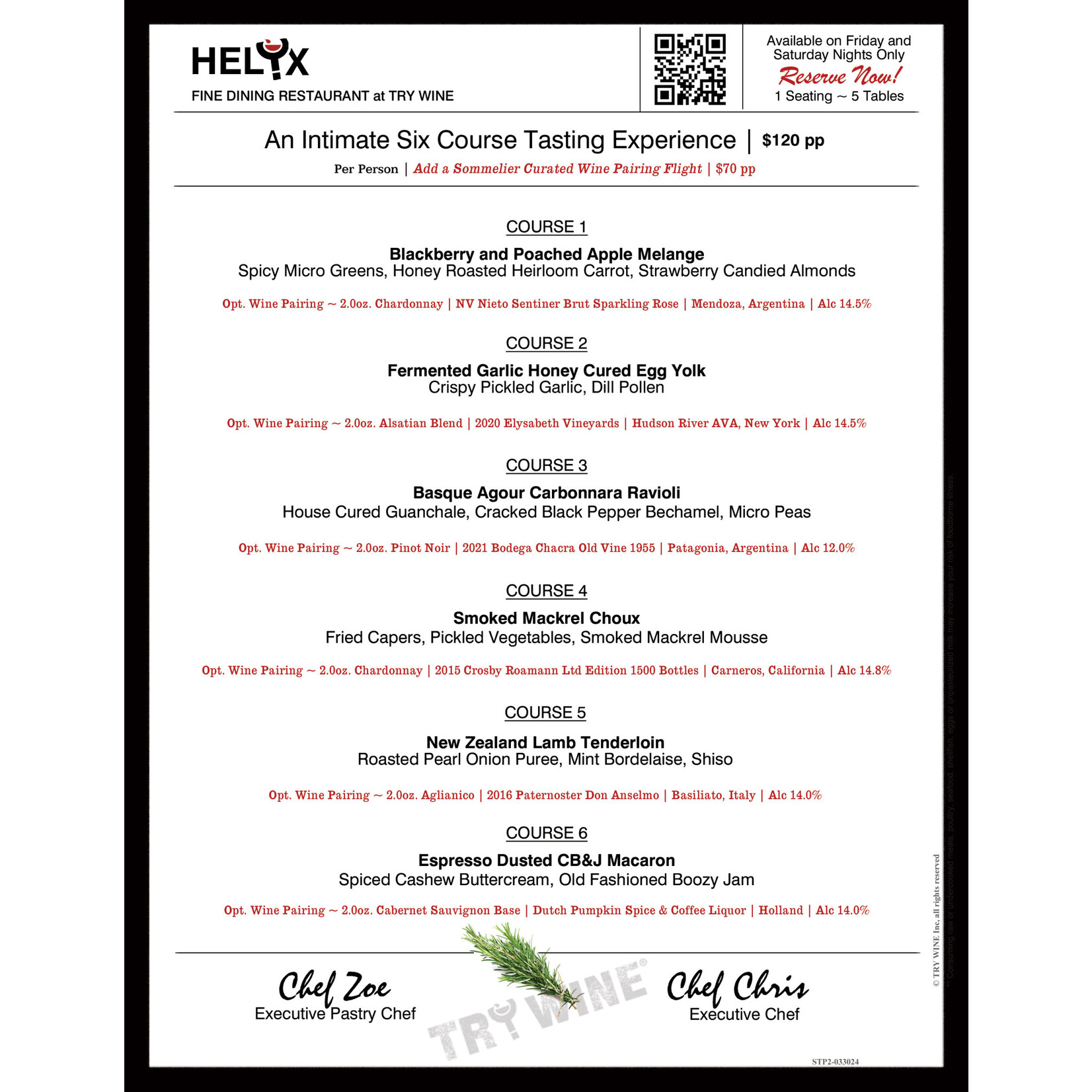 NEW - HELYX Restaurant 6 Course Tasting Experience ~ Saturday May 18th at 7:30pm ~ per person