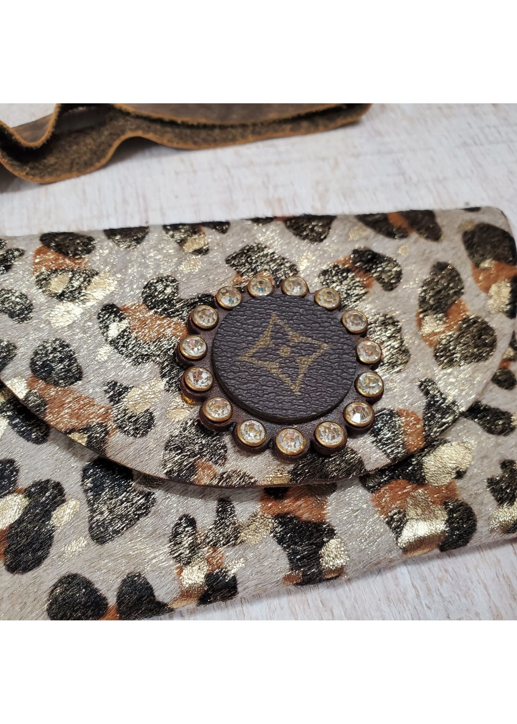 Gold Leopard Acid Wash Cowhide Embellished LV Leather Wristlet