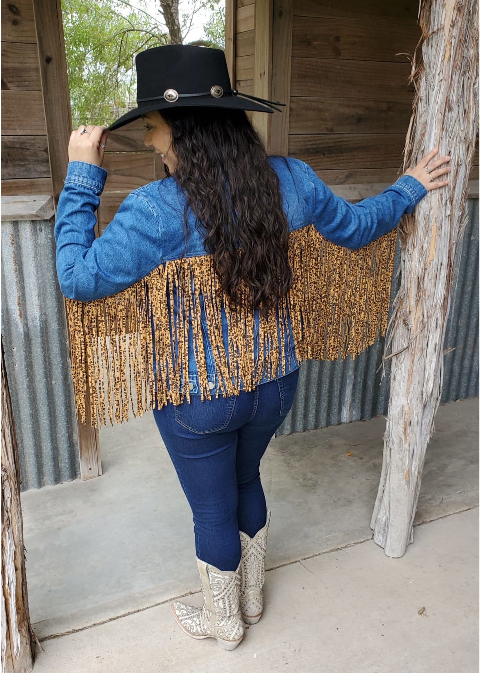 Denim Jacket with Leopard Fringe