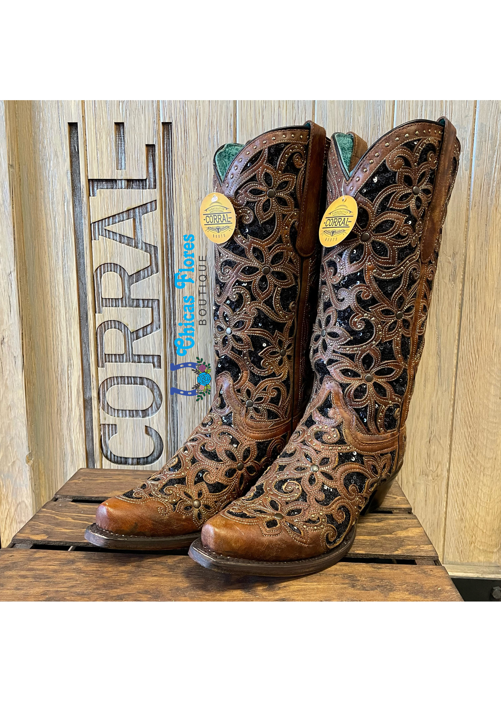 Ladies Tan/Black Inlay & Embroidery & Studs Boots