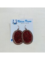 Red Oval Rhinestone Earrings with Bronze Trim