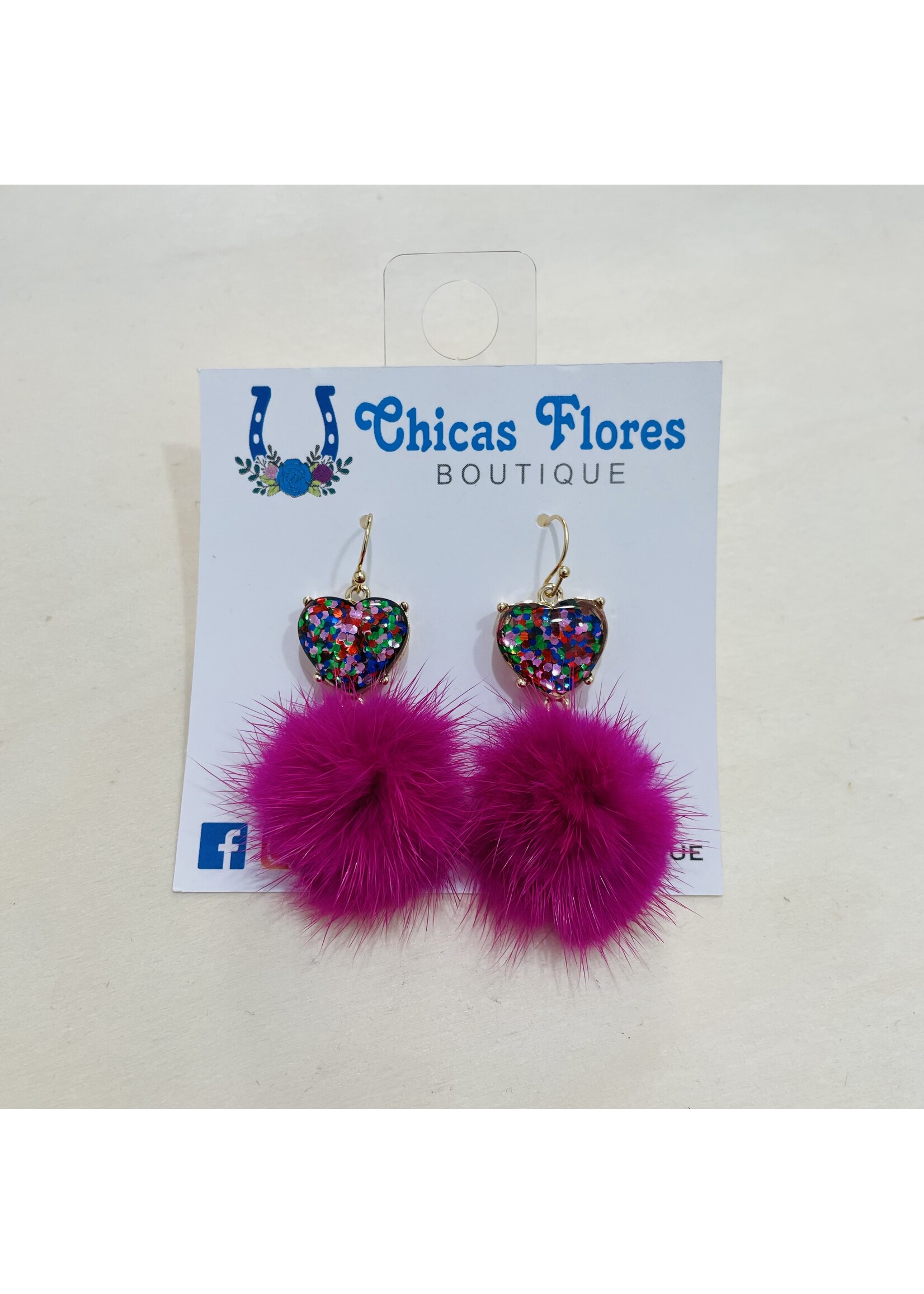 Heart Glitter w/Pom Pom Earrings