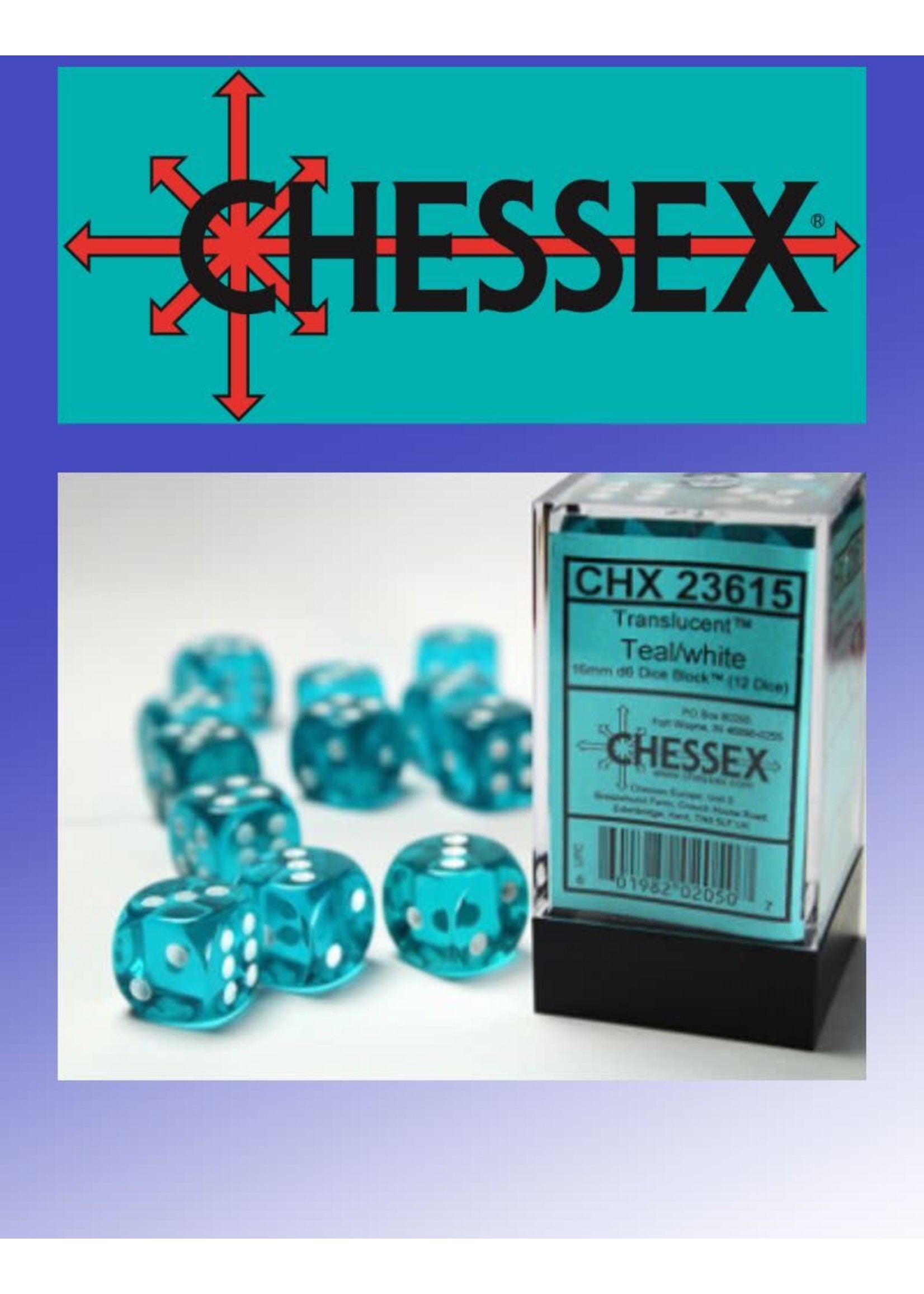 Chessex Chessex: Translucent Teal/White 16mm 12d6