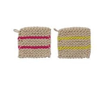Sous-plat en coton crocheté - Bandes colorées néon rose ou jaune - Creative Co-op