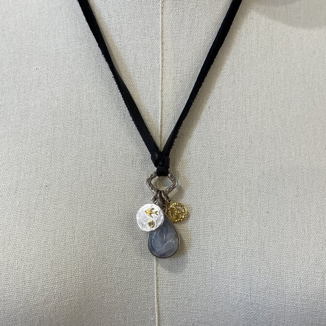 Peyote Bird Designs Sterling Silver/14K Multi-Charm Leather Necklace