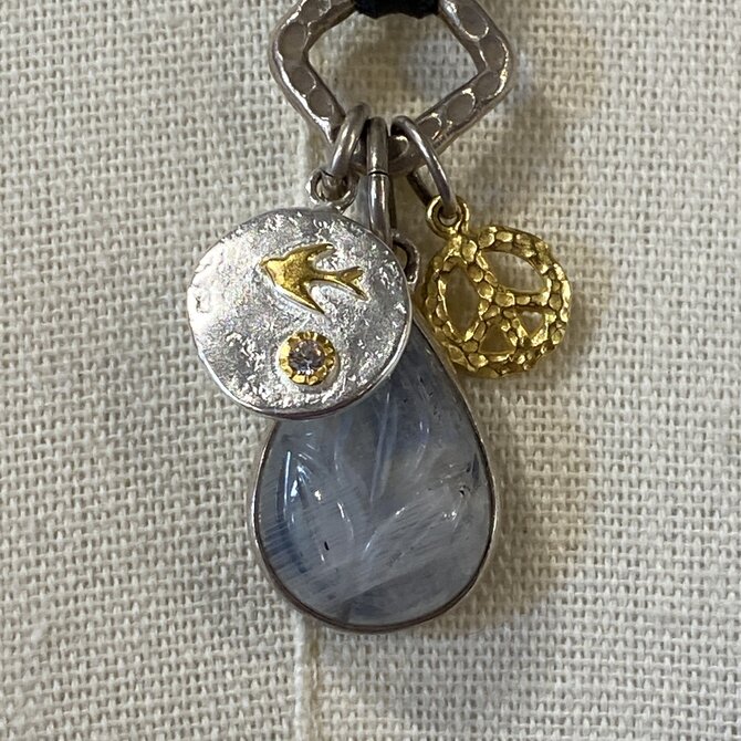 Peyote Bird Designs Sterling Silver/14K Multi-Charm Leather Necklace