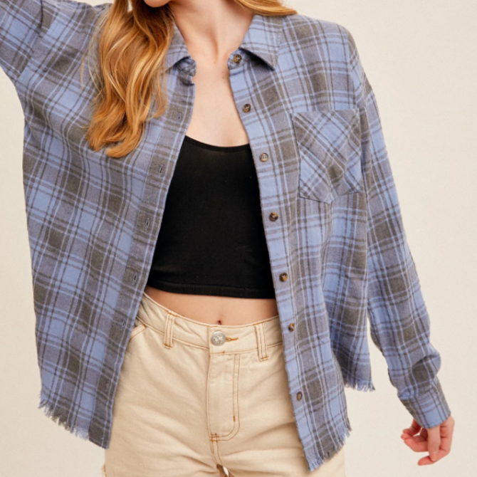 HEM & THREAD Shirt - Plaid Button Down w/ Fringe Hem