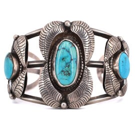 JIM HAUGEN Vintage Cuff - Turquoise 3 Stone/Leaves