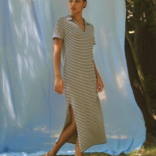 Velvet Midi Dress - V Neck Striped