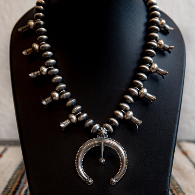 RUNNING BEAR Necklace - Navajo Pearl Squash Blossom