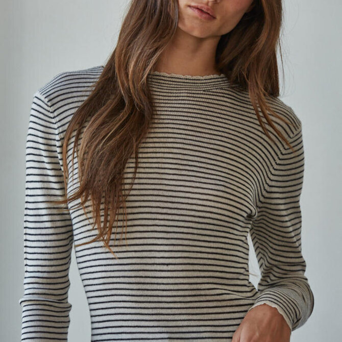 By Together Top - Mini Stripe Lettuce Edge Mock Neck