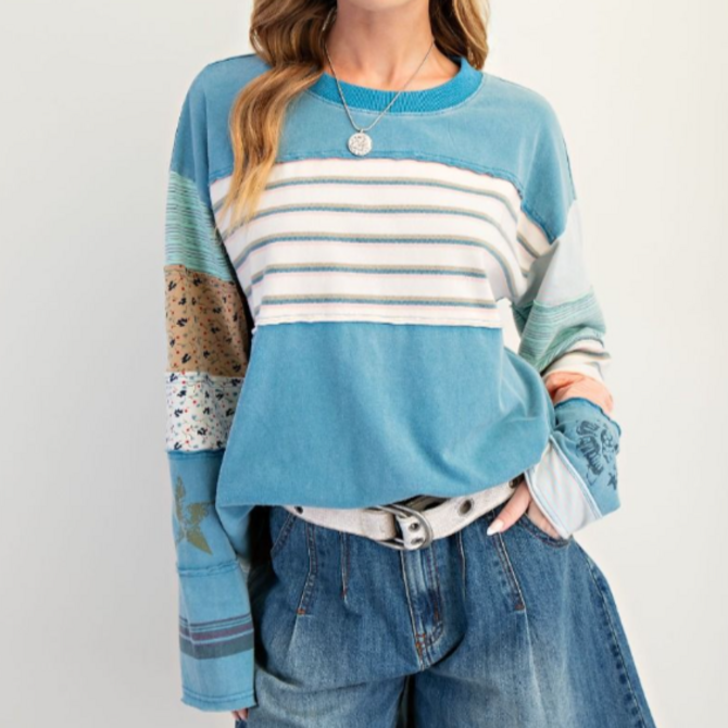EASEL LOS ANGELES Top - Stripe Mix Terry Knit Long Sleeve