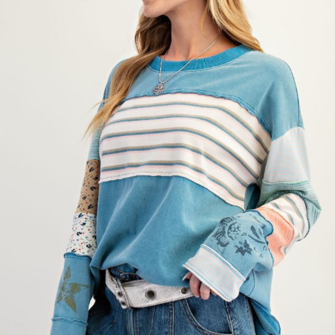 EASEL LOS ANGELES Top - Stripe Mix Terry Knit Long Sleeve