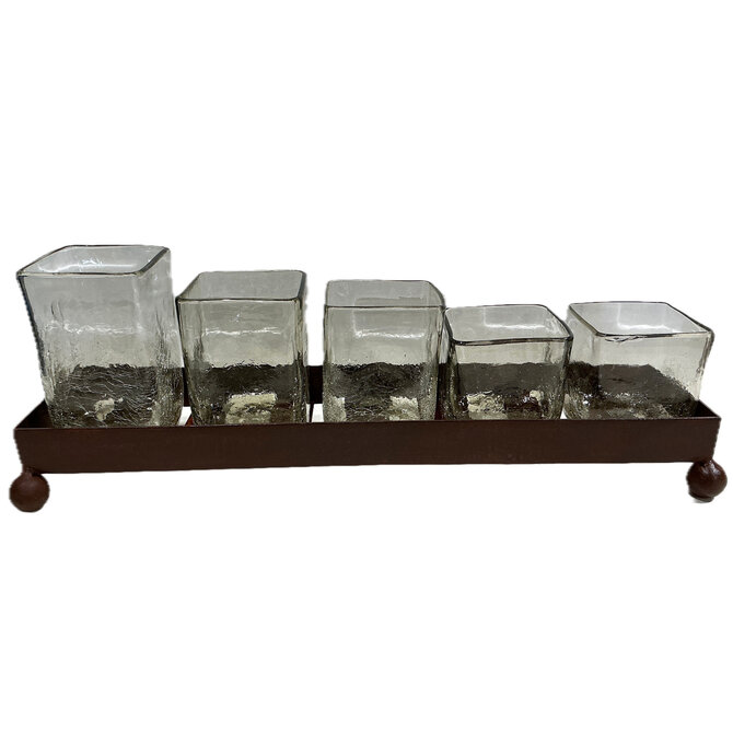 ARTISANS GALLERY TRAY W/ 5 SQ CRACKLE GLS VASES