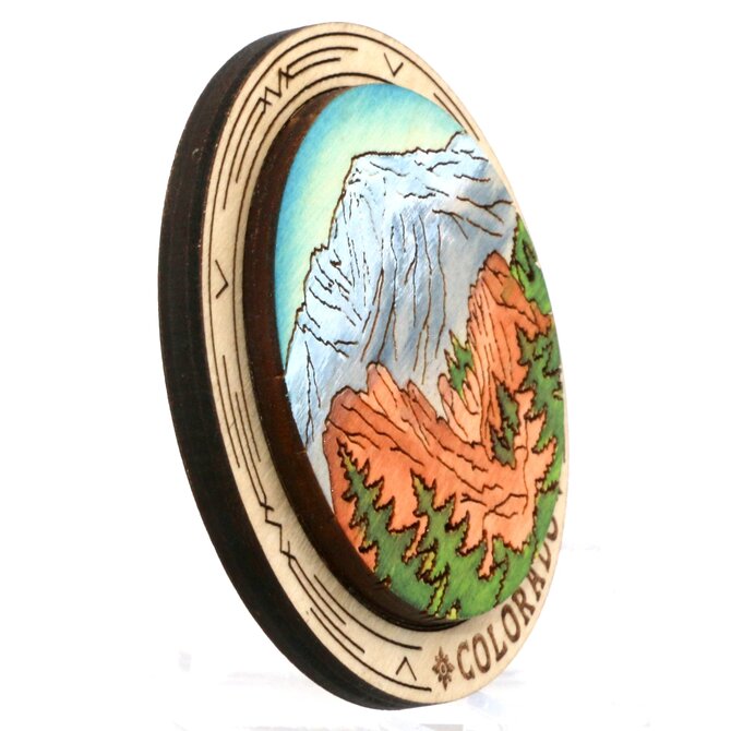 Raku Pottery Works Magnet - Pikes Peak Round Wood