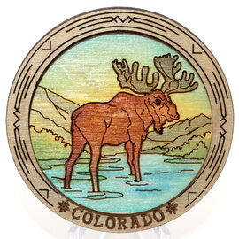 Raku Pottery Works Magnet - Moose Scene Round Wood