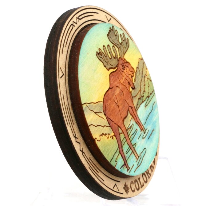 Raku Pottery Works Magnet - Moose Scene Round Wood