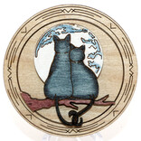 Raku Pottery Works Magnet - Cats/Moon Round Wood