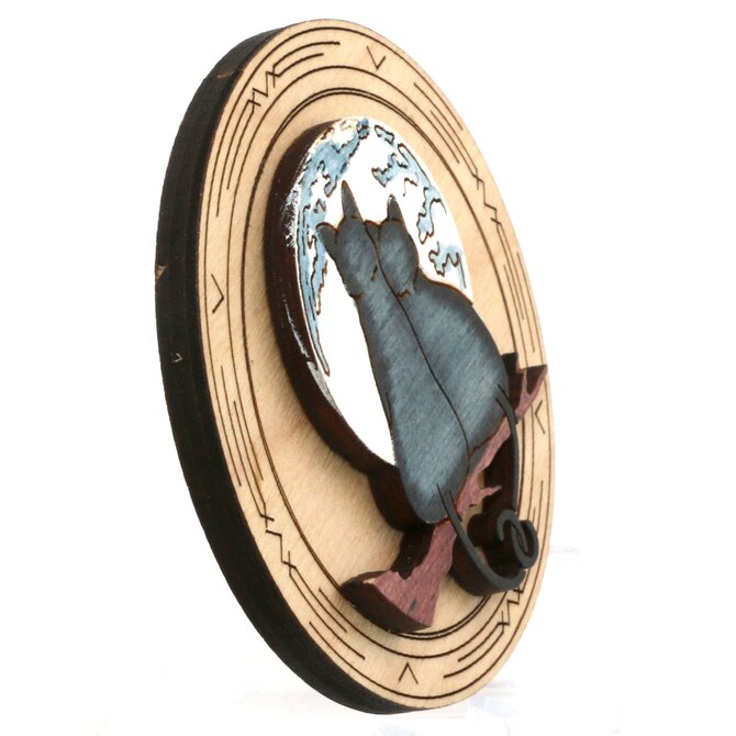 Raku Pottery Works Magnet - Cats/Moon Round Wood