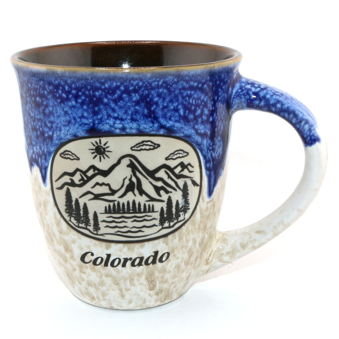 American Gift Corp MUG-MOUNTAIN SCENE OVAL DRIP GLAZE COLORADO 18OZ ASST
