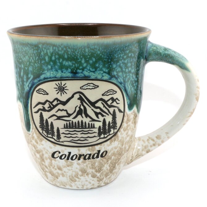 American Gift Corp MUG-MOUNTAIN SCENE OVAL DRIP GLAZE COLORADO 18OZ ASST