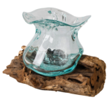 BENJAMIN INTERNATIONAL VASE-MOLTEN GLASS/WOOD BASE 7X5