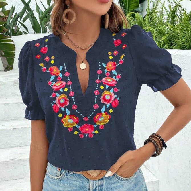 HIDDENBRAND Top - Boho Floral Embroidered Ruffle