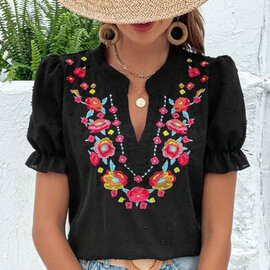 HIDDENBRAND Top - Boho Floral Embroidered Ruffle