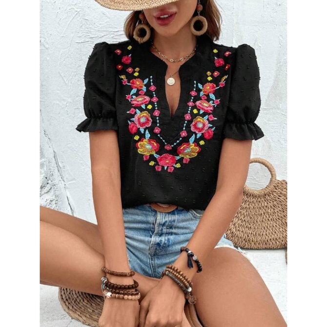 HIDDENBRAND Top - Boho Floral Embroidered Ruffle