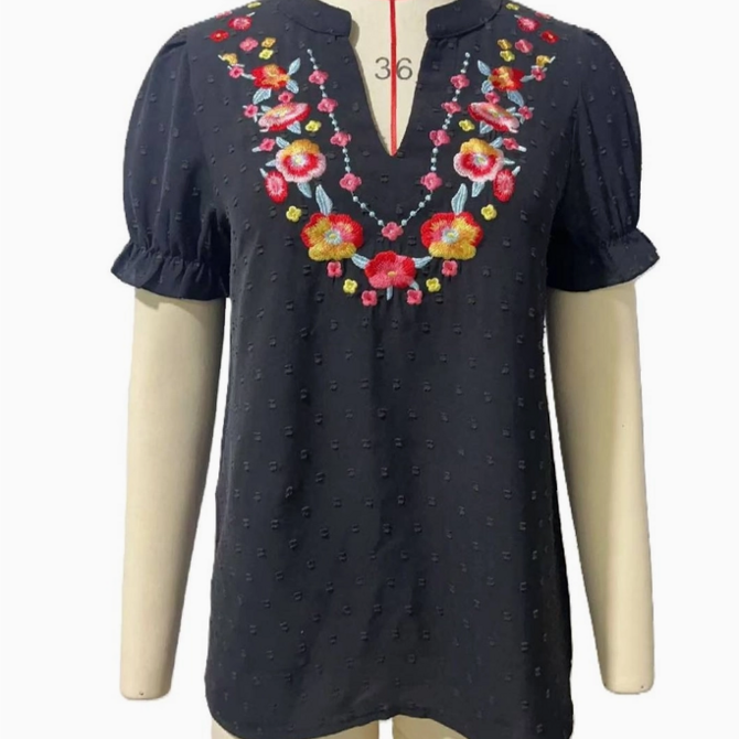 HIDDENBRAND Top - Boho Floral Embroidered Ruffle