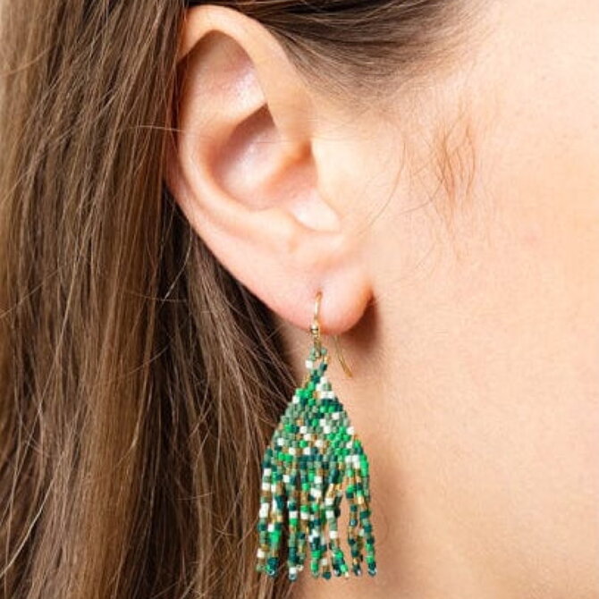 Earring - Cassie Mini Confetti Green/Gold Short Fringe