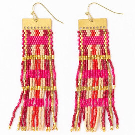 Earring - McKenzie Hot Pink/Gold Brass Bar Long Fringe
